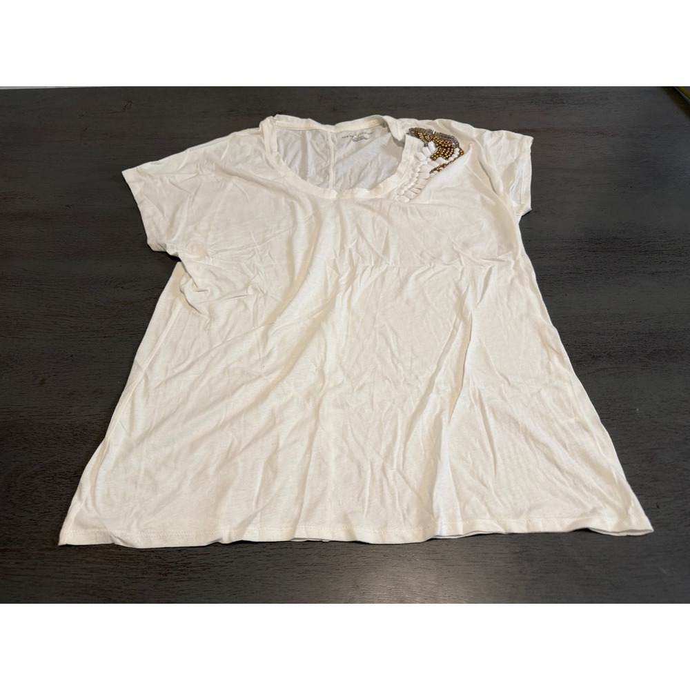New York & Company White Beaded Shoulder Cotton Scoop Neck Tee XL
